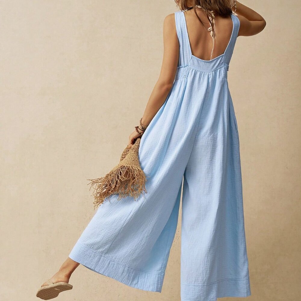 Baby Blue Casual Women's Wide Strap Loose Jumpsuit - Picture 2 of 7